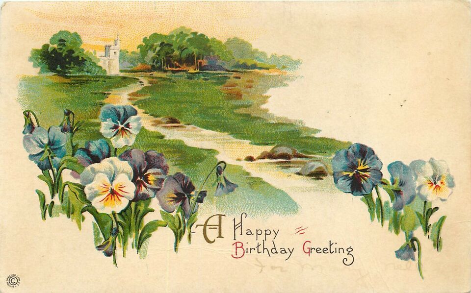 Embossed DB Postcard K031 Happy Birthday Greeting Stream Pansies Art Dec... - $4.95
