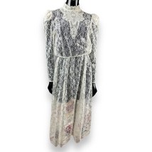 Vtg 1980s JCPenney All Lace Ivory Puffed Sleeve Dress Overlay Hi Neck 34... - £34.56 GBP