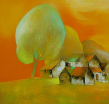 Red sky over the village, 24&quot; x 26&quot; commission original oil painting - $2,455.70 MXN