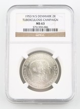 1953-H NS Danemark 2 Kroner Pièce Argent MS-63 NGC Greenland Tuberculose KM-844 - £114.17 GBP