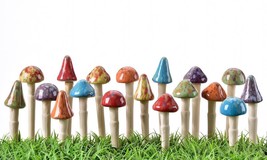 Garden Mushroom Stakes Set of 18  Planters Ceramic 4.7&quot; High Multi-color - £100.98 GBP