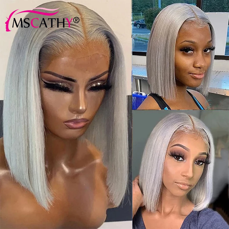 13x4 Grey Bob Lace Front Human Hair Wigs For Women HD Pre Plucked Lace Front - £72.60 GBP+