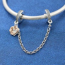  Two Tone Sterling Silver ,Rose™  Family Heart Safety Chain Charm - £15.03 GBP
