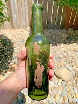 Vintage Unknown Medium Size Dark Green Glass Bottle 10 Inches Tall Old Antique - £7.56 GBP