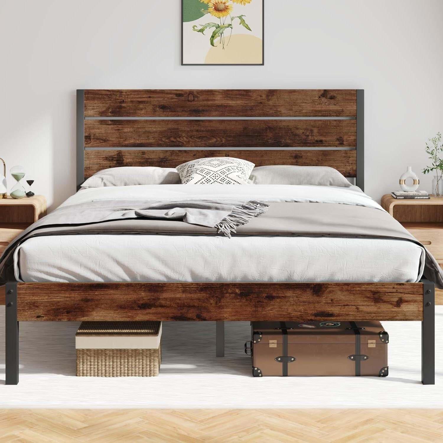 Queen Size Modern Farmhouse Metal Bed Frame With Wood Headboard Item image 4