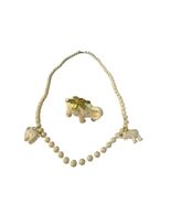 Vintage Carved Elephant Beaded Necklace With Floral Pendant Cream Tone 22 Inch - $27.00