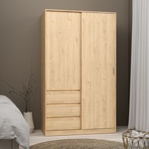Large Oak Wood Bedroom Wardrobe With Sliding Door Hanging Clothes Rail Drawers - £582.72 GBP