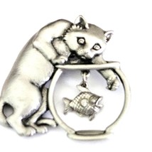 JJ Jonette Pewter Cat Catching A Dangling Fish From The Fishbowl Brooch Pin - £8.70 GBP