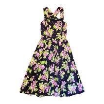 Vintage Geary Roark Kamisato A-Line Midi Dress Floral Open Cross Halter ... - $46.53