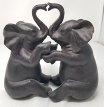 Sitting Elephants Figurines Trunks Heart Symbol Love Ceramic Imperfect Vintage - £11.86 GBP