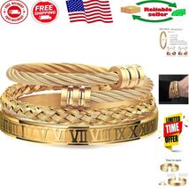 Adjustable Gold Roman Numeral Cuff and Bracelet Set for Men - 3PCS Luxur... - $589.73 MXN