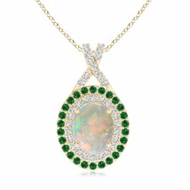 ANGARA Oval Opal Double Halo Pendant with Diamond and Tsavorite in 14K Gold - £1,145.67 GBP