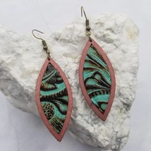  Turquoise Wooden Embossed Leather Dangle Earrings Western Southwestern - £11.07 GBP