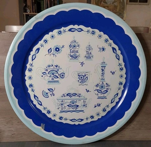 Vintage 1950&#39;s Large 19&quot; Metal Serving Tray MCM Retro Kitschy Blue White... - $39.36