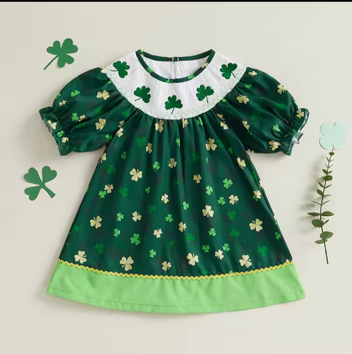 NEW St Patrick&#39;s Shamrock Smocked Embroidered Short Sleeve Dress - $4.79+