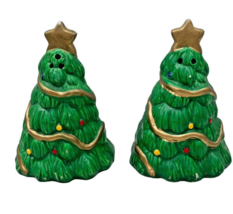 Christmas Tree Salt &amp; Pepper Shaker Set Green With Gold Holiday Star 3.5 Inch - £10.31 GBP
