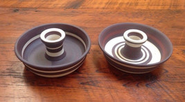 Pair of Handmade Studio Brown Purple White Stoneware Taper Candlesticks Dishes - £39.31 GBP