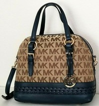  Michael Kors Gladstone Large Mk Logo Beige Navy Blue Top Zip Satchel Bagnwt - £183.80 GBP