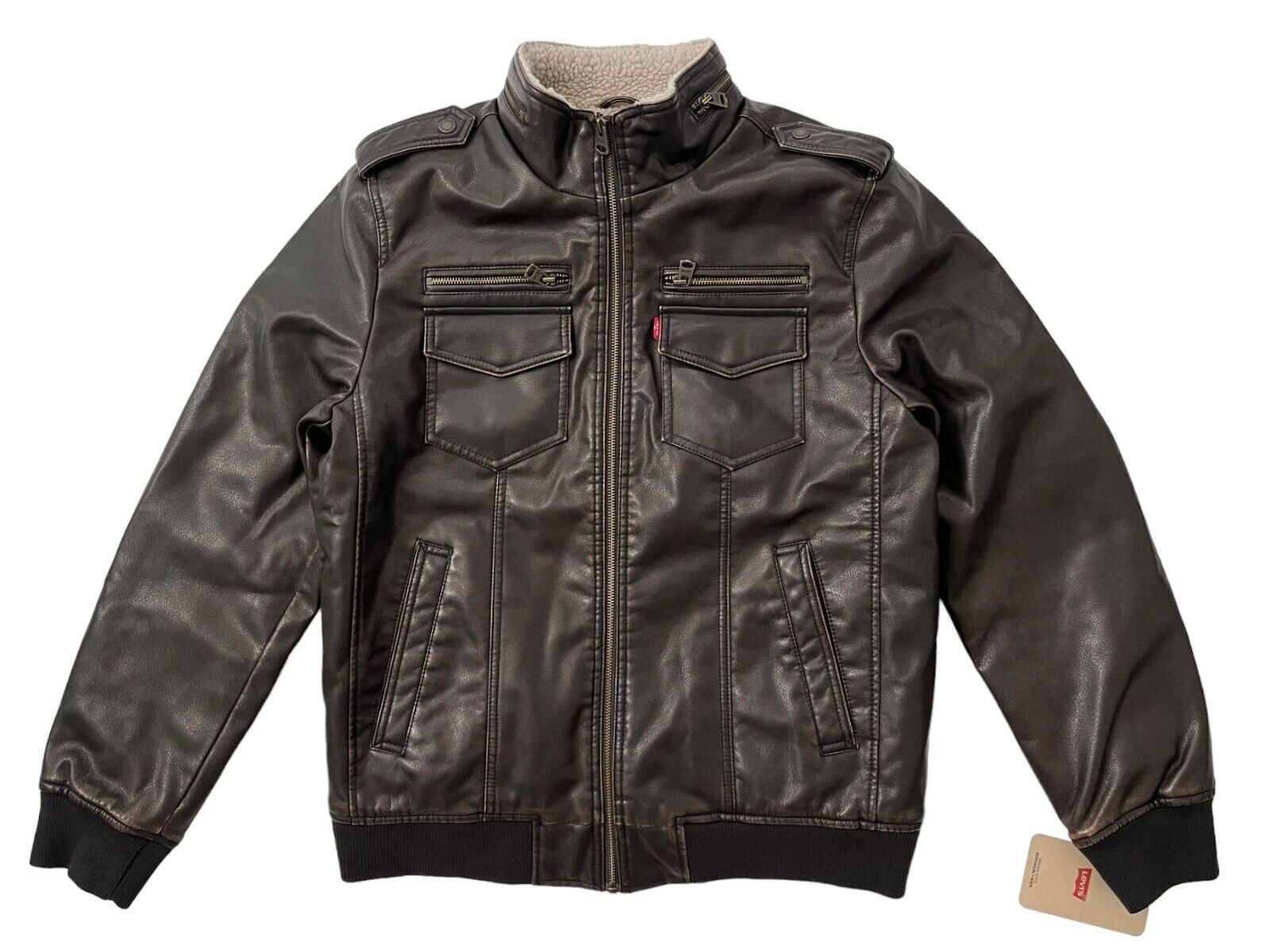 Levis Mens XL Dark Brown Faux Leather Shearling Sherpa Aviator Bomber Ja... - $56.94