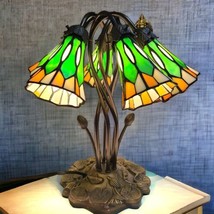 Vintage Meyda Tiffany Style 16&quot; High Stained Glass Pond Lily 6 Light Table Lamp - £196.89 GBP