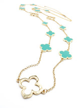 GORGEOUS 18kt Gold Plated Blue Enamel 15 Clover Flowers Chain 36&quot; Long Necklace - $39.99