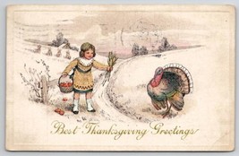 Best Thanksgiving Greetings Girl Corn Apple Basket Turkey 1914 Postcard K28 - £7.13 GBP