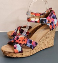 Toms Womens Cork Wedge Sandals Size 9.5W Oahu Watercolor Floral Ankle Strap Heel - £15.99 GBP