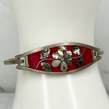 Vintage Silver Tone Abalone Shell Flower Red Inlay Hinge Bangle Bracelet - $24.74