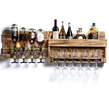 Wine Rack Wall Mounted Wood Wine Shelf With Bottle Stemware Glass Holder Rustic  - £188.41 GBP