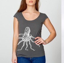 octopus wearing glasses on womens American Apparel asphalt gray wide neck shirt, - $23.00