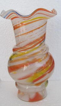 Murano Venetian Style &quot;Vase&quot; Muti-Colored Swirl Style Glass With Ruffled Top Dis - £49.61 GBP