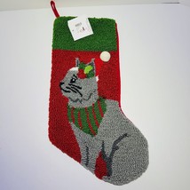 Christmas Stocking Gray Cat In Hat Hooked Wool 8.5&quot; x 20&quot; C&amp;F Enterprises - £27.25 GBP