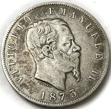 1873 Milan Silver Italy  5 Lire Vittorio Emanuele Coin Milan Mint - $40.59