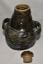 Vintage Studio Pottery Hand Turned Jar Black Cream Double Handle Lidded Jar Jug - $49.00