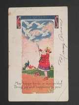 Easter Greetings Happy Birds in Skies So Blue Little Girl Vtg Postcard c1910s  - £3.15 GBP