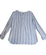 Talbots Embroidered Blue White Floral Stripe Roll Tab Sleeve Blouse Top ... - $29.81 CAD