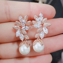 Pearl CZ Bridal Drop Earrings, Sparkly Crystal Earring, Silver/Rose Gold... - £20.51 GBP