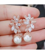 Pearl CZ Bridal Drop Earrings, Sparkly Crystal Earring, Silver/Rose Gold... - $519.58 MXN