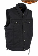 Mens Plain Black Denim Vest With 5 Snaps Motorcycle Side Laces Biker Rid... - $75.23+