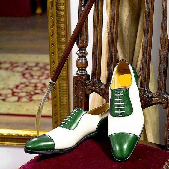 Oxford Two Tone White Green Derby Rounded Cap Toe Leather Lace Up Shoes US 7-16