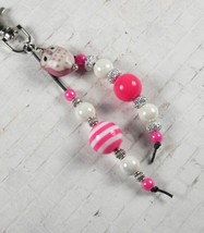 Owl Stripe Bubblegum Handmade Beaded Keychain Purse Charm Pink White Silver - $15.83