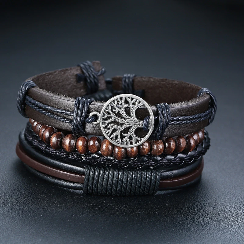 4pcs/ set Adjustable Leather Bracelets for Men Braided PU Black Brown Bangle Lif - £16.05 GBP