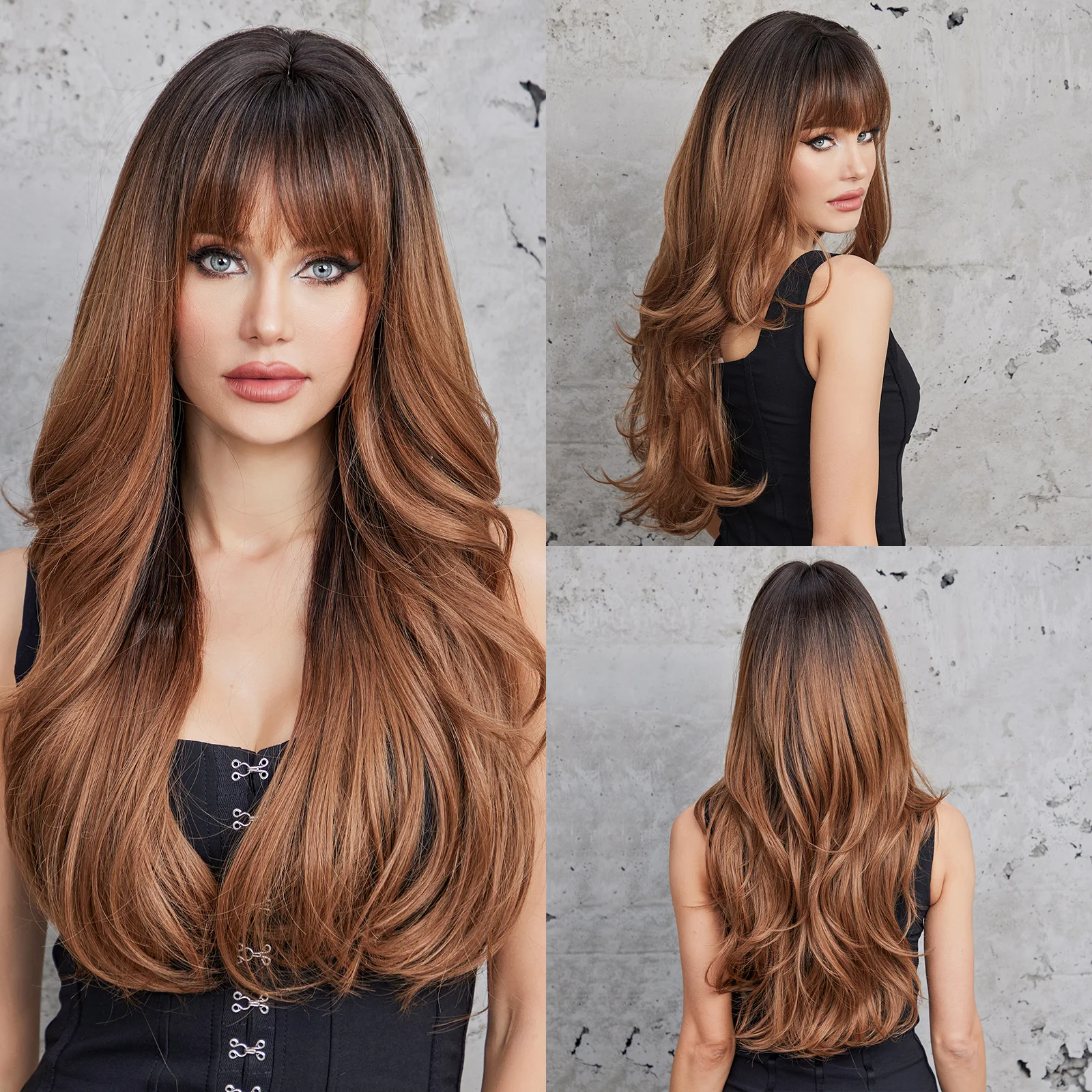 Long Body Wave Wigs for Women Brown Daily Party Soft Wigs with Bangs Natur - £16.56 GBP+