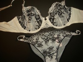 Victoria&#39;s Secret unlined 34C BRA SET panty BLACK white lace crystallized DESIRE - £79.12 GBP