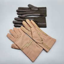 Nylon Gloves Dark Brown &amp; Tan Ladies One Size Lot of 2 Vtg Faux Leather ... - £30.66 GBP