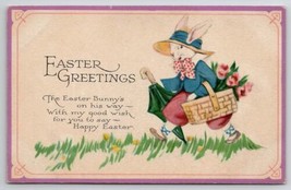 Easter Bunny Greeting Dressed Rabbit In Hat Carriying Umbrella Postcard C42 - £7.03 GBP