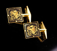 vintage Dragon Cufflinks / Gold black damascene set / oriental Asian Figural  My - $135.00