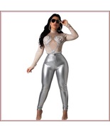 Shiny Silver Tight Fit Faux Leather High Waist Front Zip Up Legging Penc... - £55.10 GBP