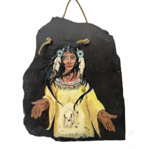 Vintage Native American Sioux Buffalo Woman Hand Painted Slate Stone Art Signed - £74.72 GBP
