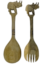VTG Hand Carved Wood Rhinoceros Salad Serving Spoon &amp; Fork Tongs Wall Hanging - £11.95 GBP